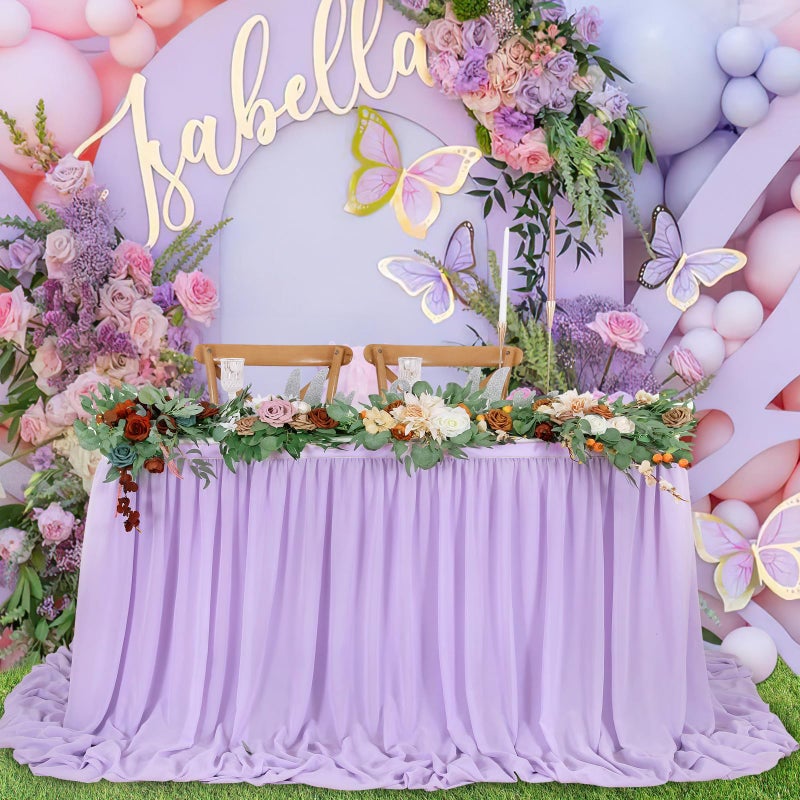 QueenDream 14ft Lavender Chiffon Table Skirt Purple Sheer Tablecloth for Rectangle Tables for Baby Shower Birthday Party Decorations - Image 5